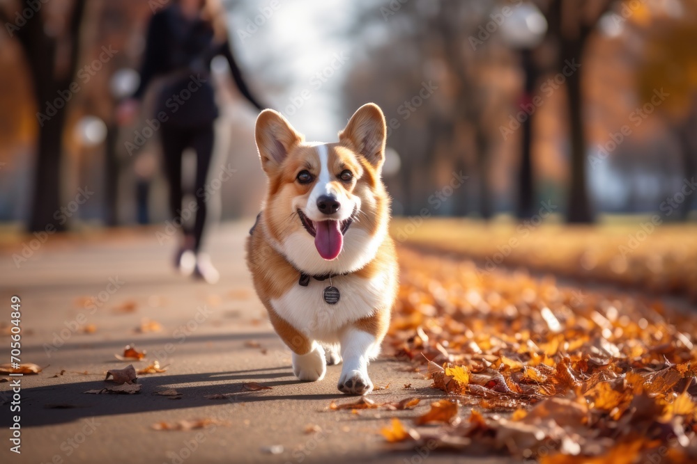 Owner and Welsh Corgi on a leash walking in the park