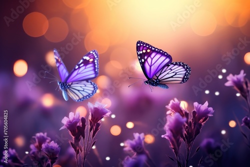 Sunny summer nature background with fly butterfly and lavender flowers with sunlight and bokeh. Outdoor nature banner © Tisha