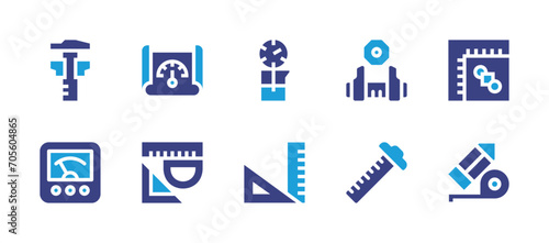 Measure icon set. Duotone color. Vector illustration. Containing performance, caliper, thermometer, rulers, ruler, voltmeter, pencil.