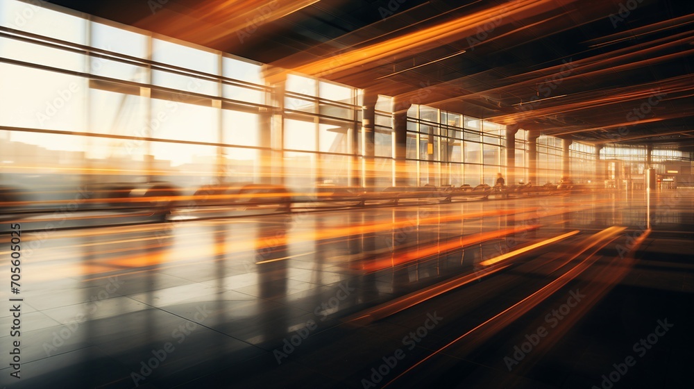 Vibrant City Life at Blurred Airport - Urban Commuters in Fast Motion, Modern Transportation Hub with Energetic Atmosphere