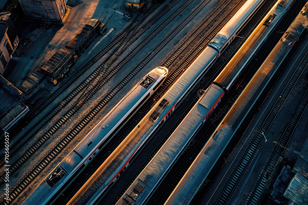 Aerial view of high-speed trains sitting parked at a maintenance base Aerial view of high-speed trains sitting parked at a maintenance base