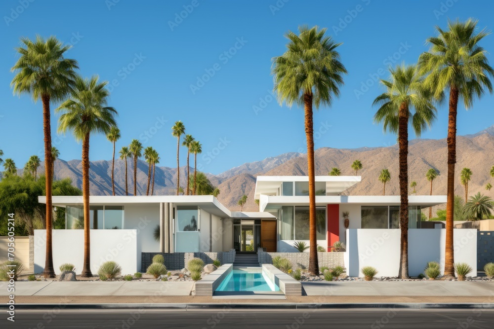 Modern mid-century house architecture and palm trees in Palm Springs, California