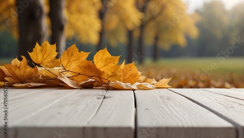 empty white wooden linden table with blurred autumn background