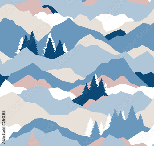 seamless Pattern of landscape, sunrise in the mountains, panoramic view. illustration of beautiful dark blue mountain landscape with fog. Sunset in mountains. Hills and rocks.