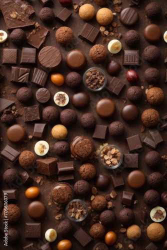 Texture of various types of dark chocolate, cocoa powder, nuts and cookies on a brown background. Pastry chef, sweet food production concept.