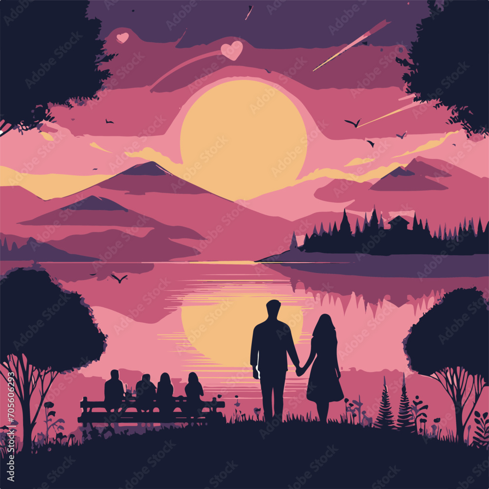 Fototapeta premium Vector illustration of a couple in the park. Happy Valentine's Day.