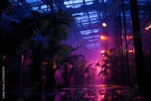 Inside the greenhouse in neon light