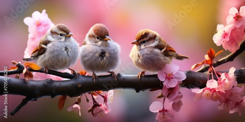 small funny Sparrow Chicks sit in the garden surrounded by pink Apple blossoms on a Sunny may day © Tisha