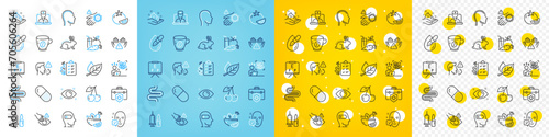 Vector icons set of Weariness, Coffee and Health eye line icons pack for web with Leaf, Face accepted, Medical insurance outline icon. Head, Skin care, Medical vaccination pictogram. Vector