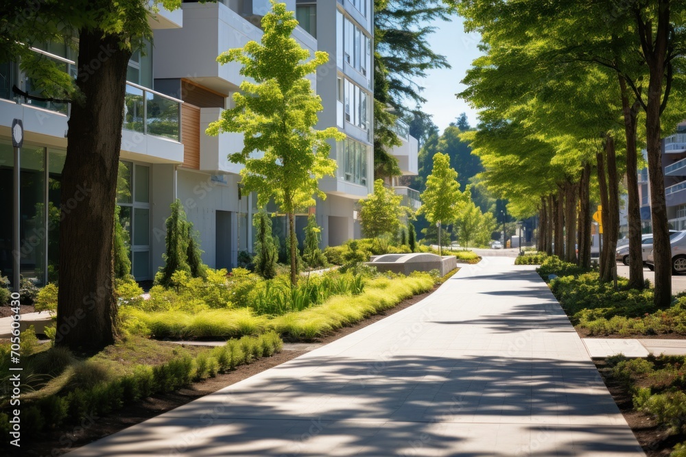 Green city street with walkway in residential area in sunny summer day