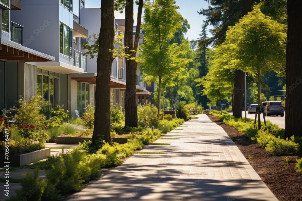 Green city street with walkway in residential area in sunny summer day