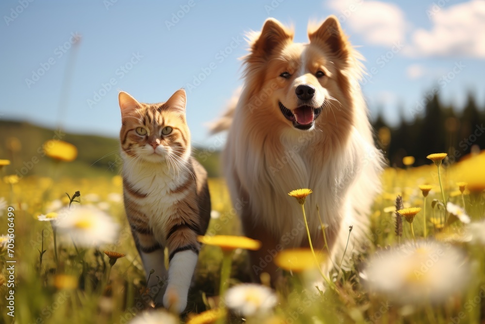 a fluffy cat and a cheerful dog walk through a sunny spring meadow
