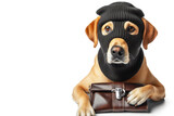 dog dressed as a thief criminal wearing a balaclava Isolated on white background. ai generative
