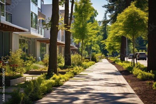 Green city street with walkway in residential area in sunny summer day