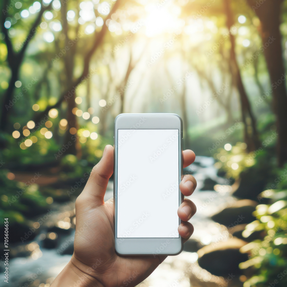 Hand holding white screen mockup smartphone device with nature bokeh theme background. ai generative