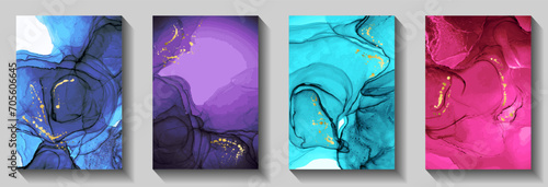 Abstract birthday greeting card backgrounds vector set. Marble stone waves texture, golden