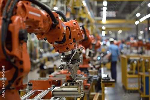 Employees work on the assembly line of service robots at a factory 