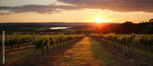 Looking down rows of grapvines towards rolling hills with clouds as the sun is setting