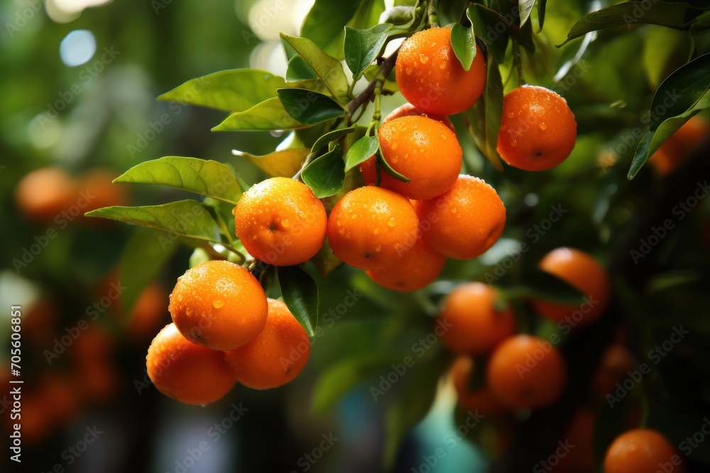 View on a branch with bright orange tangerines on a tree. Hue, .