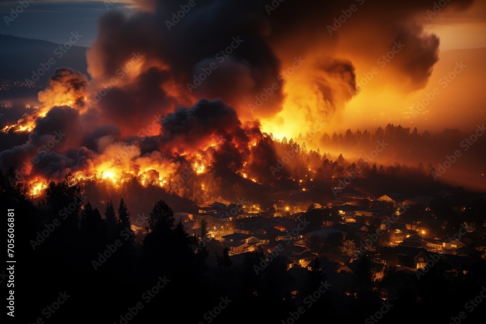 Wildfire forest fire burning near a town
