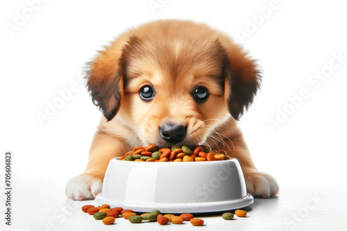 Hungry puppy dog eating food in a white bowl Isolated on white background. ai generative