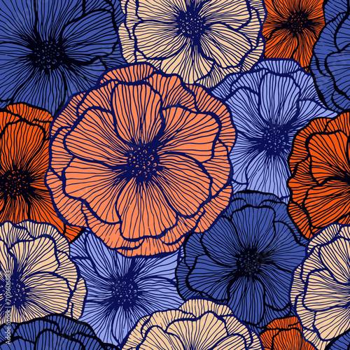 Poppy flower doodle  floral vector seamless pattern summer  fabric print desi...