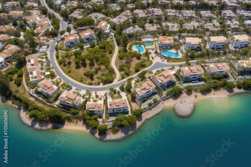 Aerial view of an exclusive luxury village with expensive villas and hotels on Troia Peninsula along the beach with artificial lake  Setubal  .