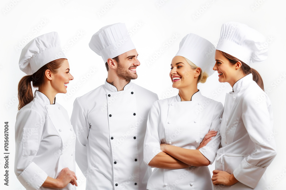 Group of male professional chef in service uniform, white background isolate.
