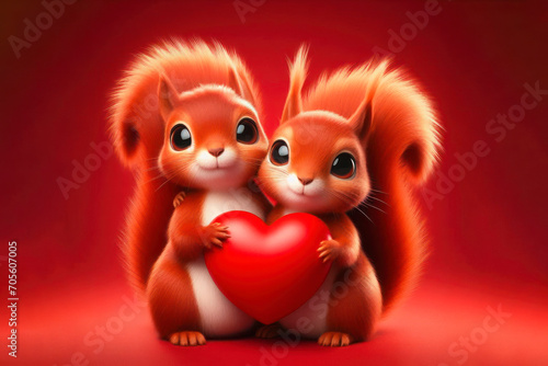 Cute red squirrel couple holding a red heart isolated on red background. ai generative © Igor