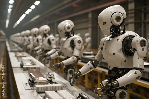 Employees work on the assembly line of service robots at a factory 