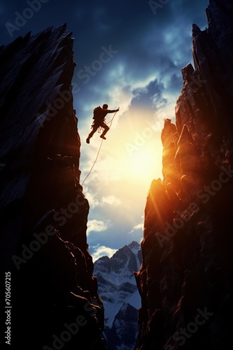 Silhouette of Mountain Climber Jumping over Gap