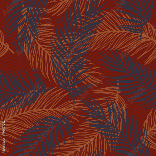 Endless paradise palm leaves vector pattern. Floral elements over waves texture