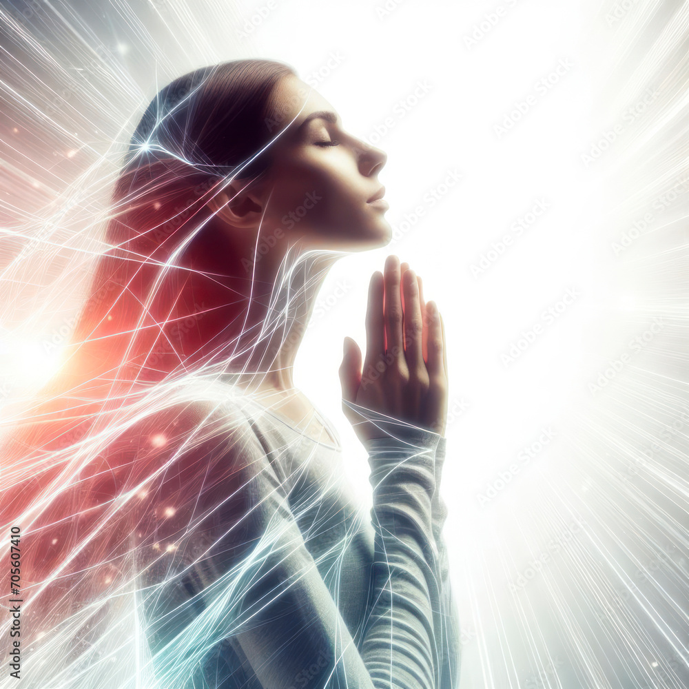 Photo of a woman praying on bright white background with light. ai generative