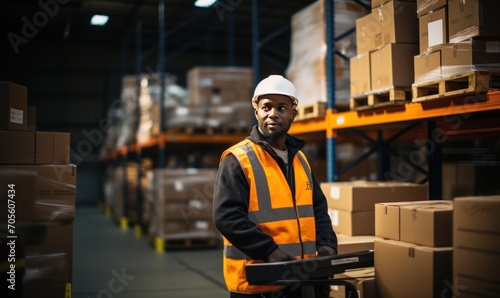 Warehouse employee holding a loaded pallet jack in a logistics centre