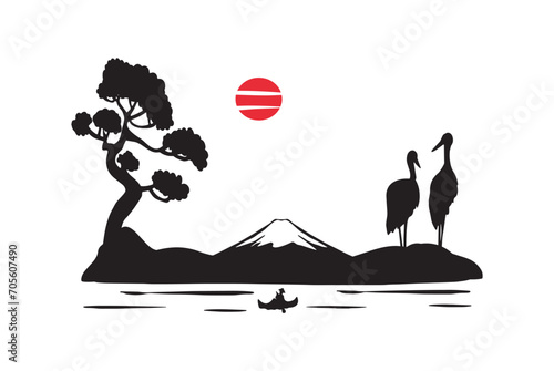 Japanese landscape and silhouette of Mount Fuji vector