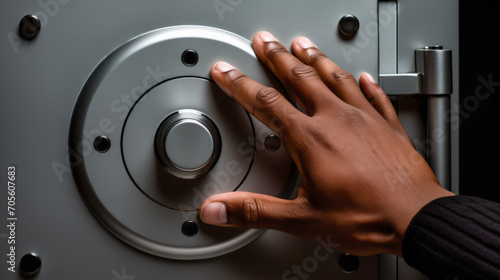 A close-up of a person's hands opening industrial-grade metallic safe or vault door. Concept of security and confidentiality.