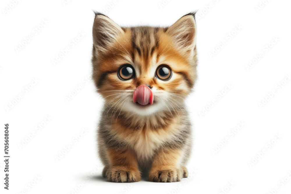 Portrait hungry small cat pet licking its lips with tongue Isolated on white background. ai generative - obrazy, fototapety, plakaty 