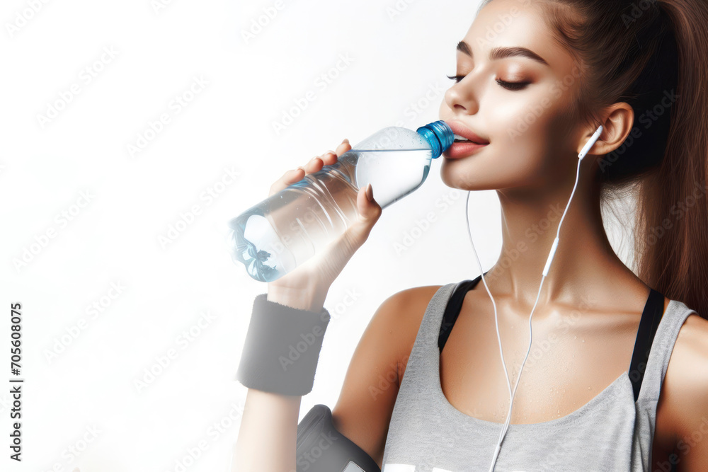 Portrait of a girl athlete who drinks water from a transparent bottle on white background copy space. ai generative Portrait of a girl athlete who drinks water from a transparent bottle on white background copy space. ai generative