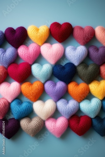 Multiple fuzzy hearts knitted from colorful yarn