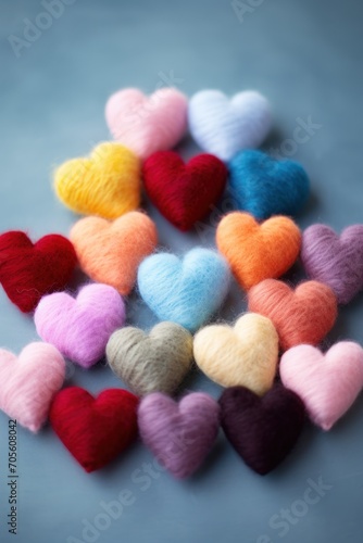 Multiple fuzzy hearts knitted from colorful yarn