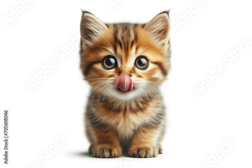 Portrait hungry small cat pet licking its lips with tongue Isolated on white background. ai generative photo