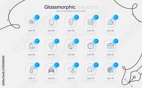 Set of Fever, Face biometrics and Face id line icons for web app. Coronavirus, Stress, People vaccination icons. Wash hands, Dating, Donation signs. Vitamin d, Medical mask, Not looking. Vector