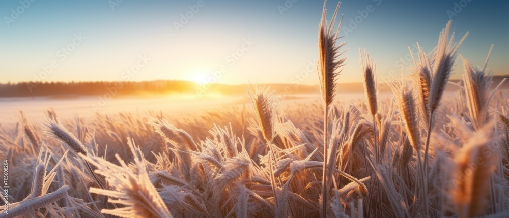 Spring frosts damaged winter crops and frozen plants in the meadow at sunrise affecting the sowing of wheat in agricultural fields covered with hoarfrost during the spring campaign - obrazy, fototapety, plakaty 