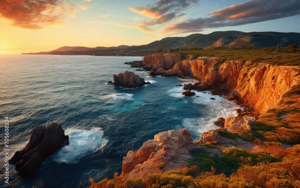 Panotamic view of Caccia cape. Astonishing spring sunrise on Sardinia island, , Europe. Attractive morning seascape of Mediterranean sea. Beauty of nature concept background.