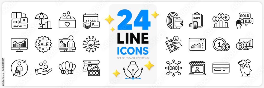Icons set of Market seller, Inflation and Statistics line icons pack for app with Money calendar, Robbery, Wallet thin outline icon. Bid offer, Card, Dao pictogram. Replacement. Vector