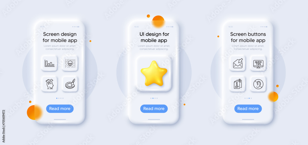Attached info, No hearing and Open mail line icons pack. 3d phone mockups with star. Glass smartphone screen. Cyber attack, Palette, Histogram web icon. Stress, Web tutorials pictogram. Vector