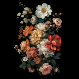 Vintage bouquet of exquisite flowers on a black background. Baroque, old-fashioned elegance in a natural pattern, perfect for wallpaper or a stylish greeting card.