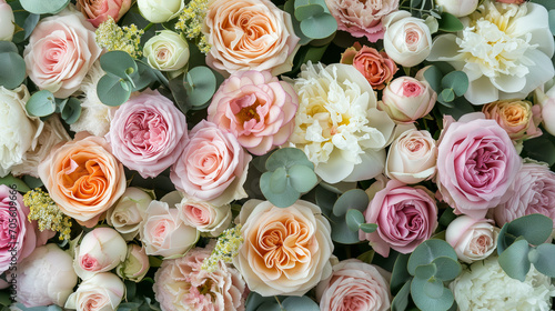 Floral wall close up with garden roses,eucalyptus, peonies, ranunculuses. fresh pastel spring colors.