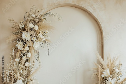 ream colored arch wall  boho flowers standing on the sides  arch shaped cream flowers hanging on the wall  minimal