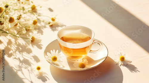 Chamomille tea with medical daisy flowers, transparent cup on table in morning light photo